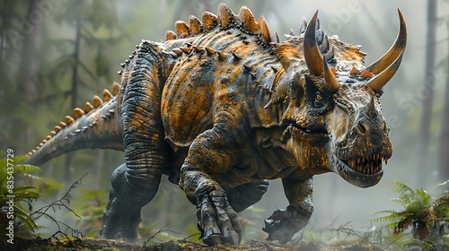 hyperrealistic fossil of a Carnotaurus with its distinctive horns and powerful legs discovered by archaeologists in a dark misty forest