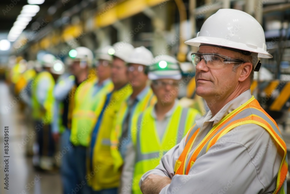 A group of factory workers wearing helmets and safety vests are standing in a production line, with a focus on one worker in the foreground. A group of factory workers wearing helmets and safety vests are standing in a production line, with a focus on one worker in the foreground.