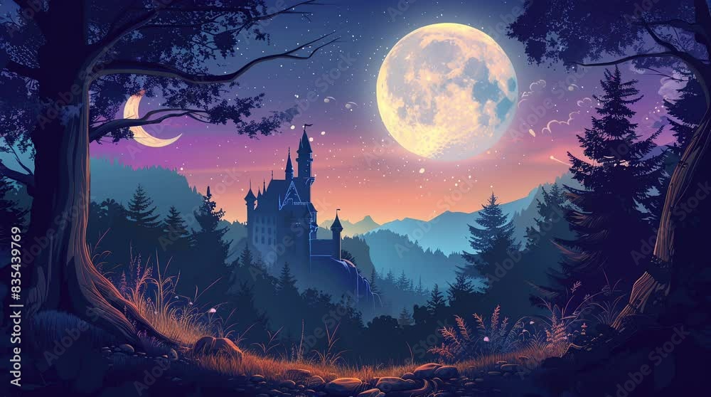 Medieval castle nestled in a dense forest under the glow of a full moon on a serene night
Seamless looping 4k time-lapse virtual video animation background. Generated AI Medieval castle nestled in a dense forest under the glow of a full moon on a serene night
Seamless looping 4k time-lapse virtual video animation background. Generated AI