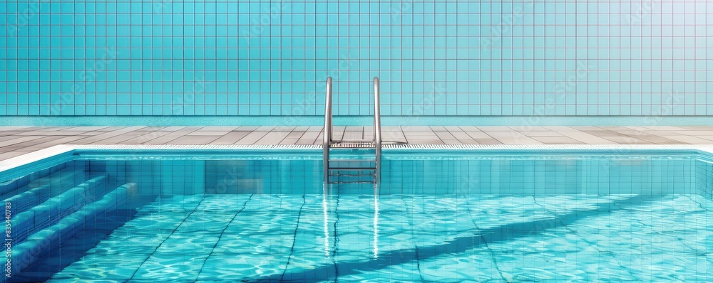 Obraz premium view of an empty public swimming pool with clear blue water and a sunny ambiance.