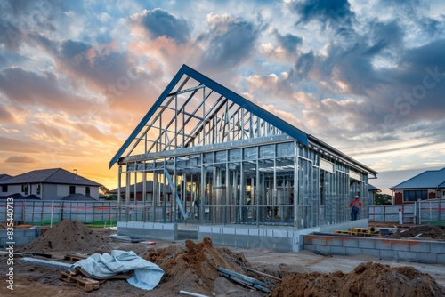 Modern House Construction at Sunset