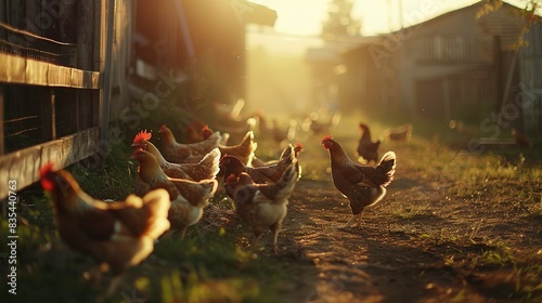 Chicken farm. A chicken eats feed and grain at an eco-friendly free-range chicken farm. Free range chicken farm and sustainable agriculture poultry farming concept. photo