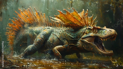 hyperrealistic fossil of a Spinosaurus partially submerged in rock discovered by archaeologists in a riverbed