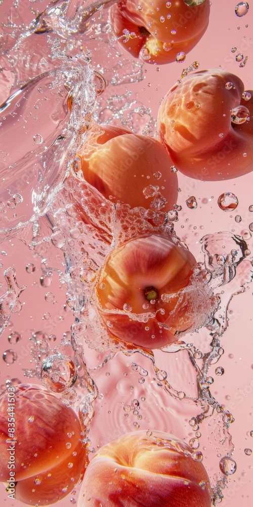 Fototapeta premium Bright, ripe peaches with water droplets are dynamically captured mid-splash against a pink background. The motion of water streams creates an energetic and refreshing scene, peaches' freshness.