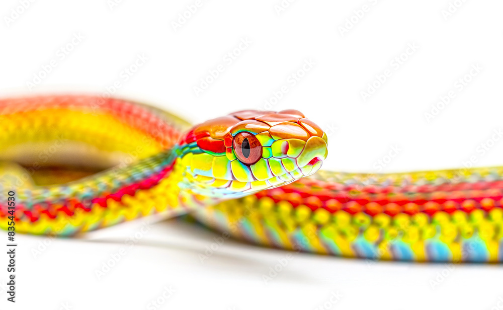 Fototapeta premium Vivid rainbow snake with red eye, white background.