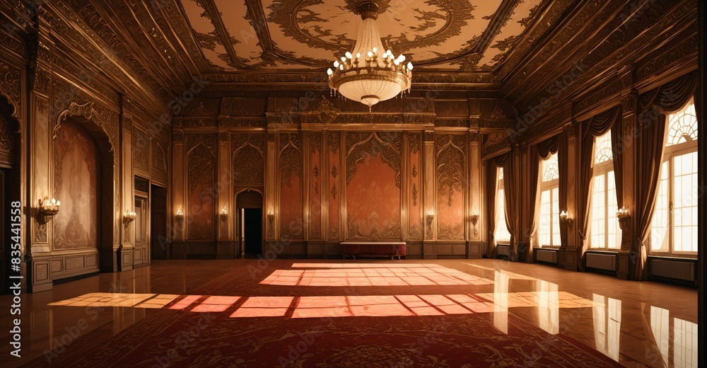 Obraz premium ballroom palace castle room interior. empty with light fixtures with chandelier and reflections in floor.