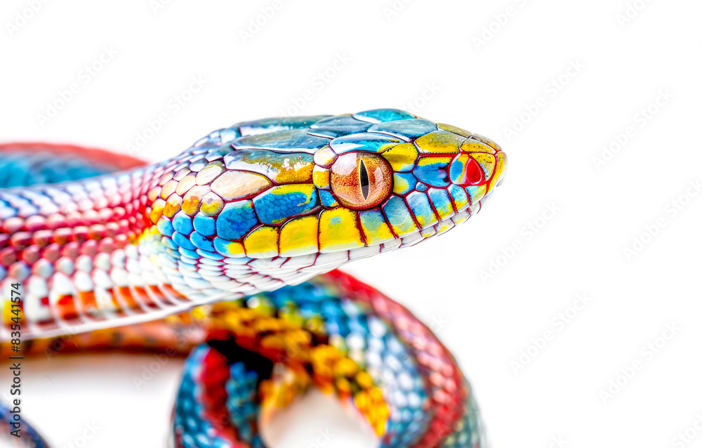 Close-up of colorful snake, rainbow scales, vibrant eyes. Close-up of colorful snake, rainbow scales, vibrant eyes.