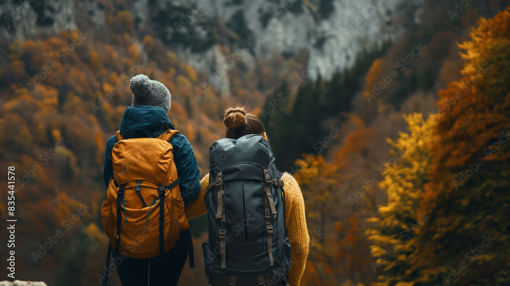 Friends supporting each other during a hike, showcasing the strength of companionship Friends supporting each other during a hike, showcasing the strength of companionship