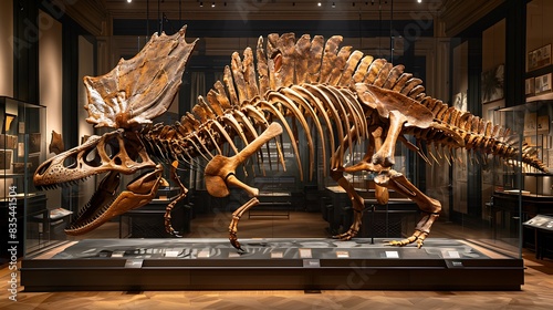 hyperrealistic fossil of a Spinosaurus with its saillike structure and long snout displayed in a museum photo