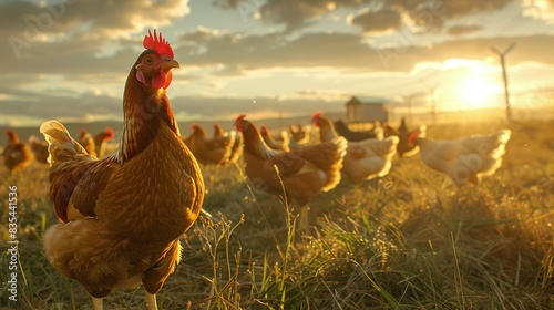 Chicken farm. A chicken eats feed and grain at an eco-friendly free-range chicken farm. Free range chicken farm and sustainable agriculture poultry farming concept. photo