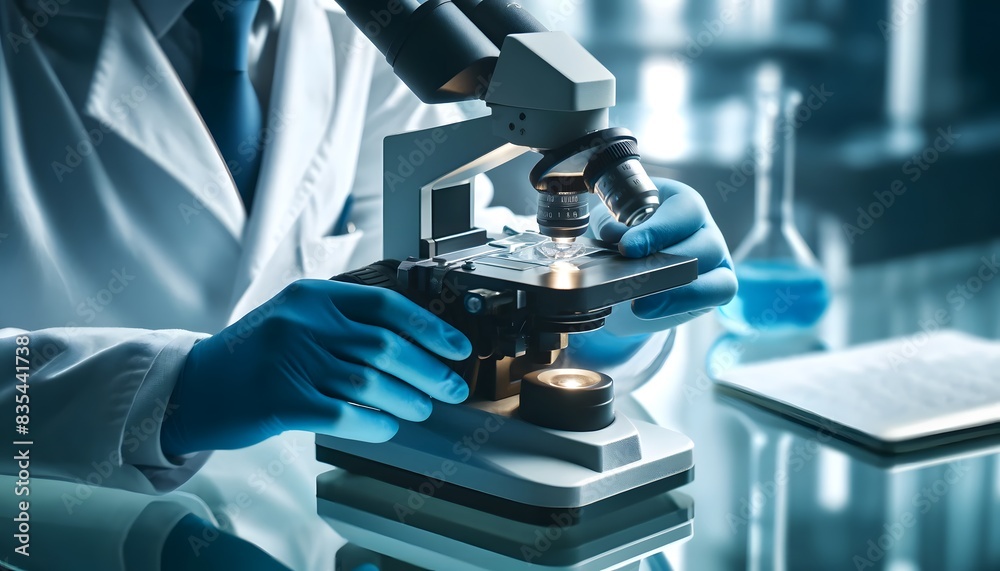 A scientist wearing gloves and a lab coat uses a microscope to examine samples in a laboratory setting. A scientist wearing gloves and a lab coat uses a microscope to examine samples in a laboratory setting.