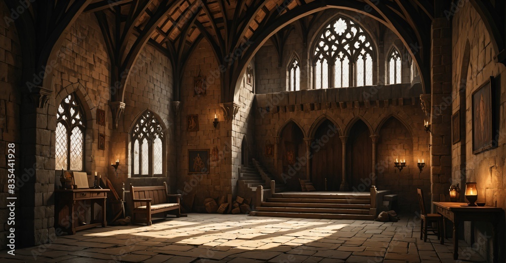 Obraz premium gothic castle palace building interior. goth cathedral rose art Nuevo deco window architecture with arches and torch light. 