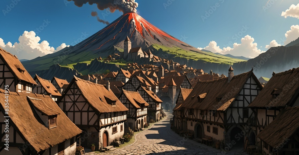 medieval fantasy village town by volcano mountains and clouds sky. house home explosion with ash and smoke.