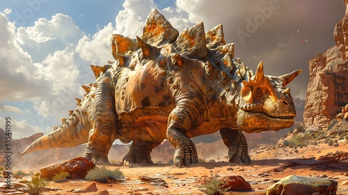 hyperrealistic fossil of a Stegosaurus with its distinctive plates and spikes unearthed by archaeologists in a desert landscape