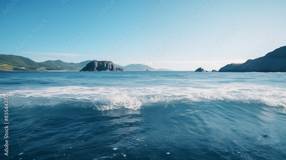 A breathtaking view of the ocean with waves, clear blue water, distant islands, and a serene sky. A breathtaking view of the ocean with waves, clear blue water, distant islands, and a serene sky.