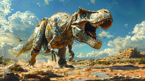 hyperrealistic fossil of an Allosaurus with its sharp teeth and claws being carefully excavated by archaeologists in a barren wasteland