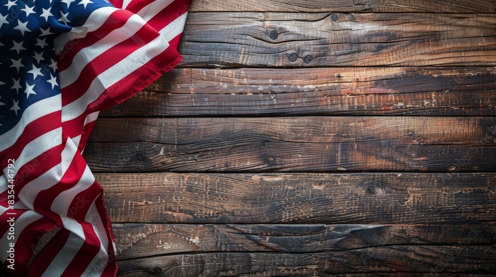 Fototapeta premium American Flag Draped on Rustic Wooden Background