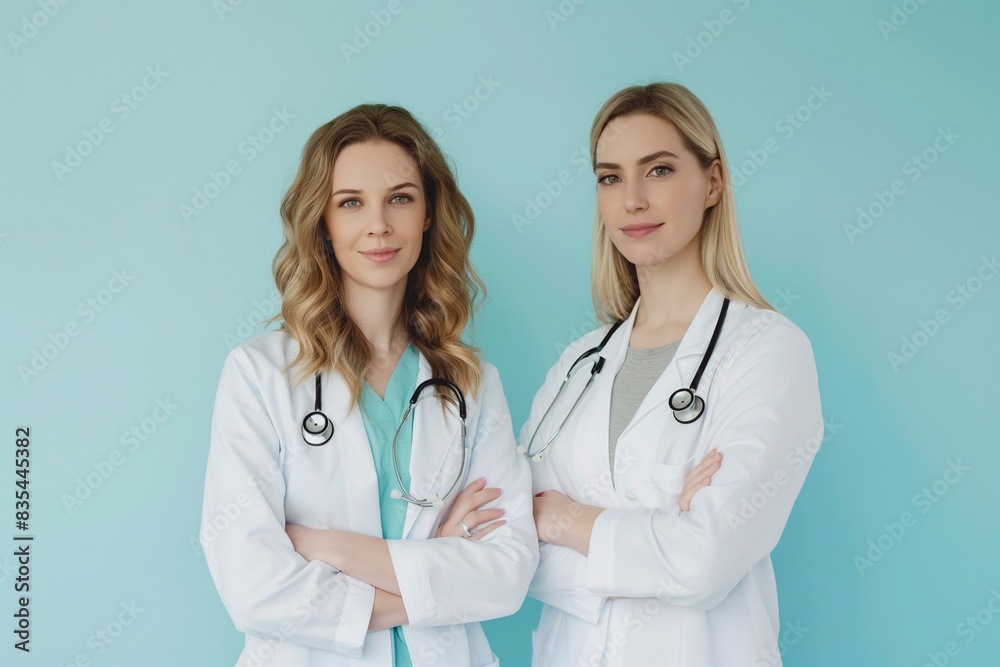 Fototapeta premium female doctors in the light blue background, Discover the Inspiring Women Doctors on a Light Blue Background, Celebrating Female Doctors, Professional Portraits on a Light Blue Background