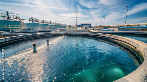 Industrial water treatment plant with large storage tanks and clear blue water under a bright sunny sky.