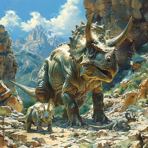 male Triceratops protecting its young in a rocky canyon
