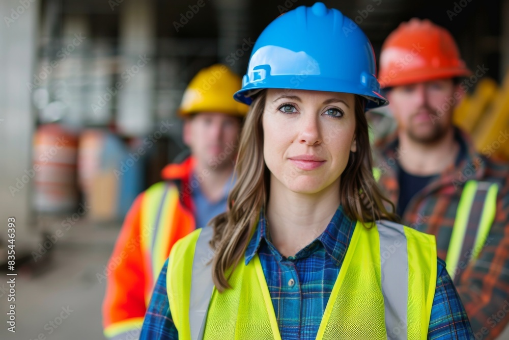 Focused construction workers with safety helmets and vests on site. Worker in blue helmet is in focus. Focused construction workers with safety helmets and vests on site. Worker in blue helmet is in focus.