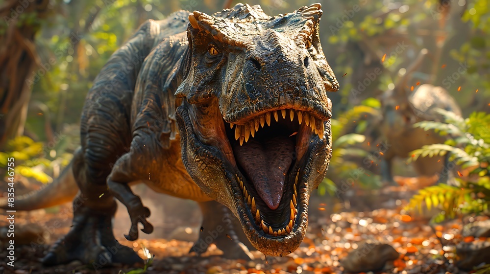 male Tyrannosaurus rex roaring fiercely in a prehistoric jungle with other dinosaurs