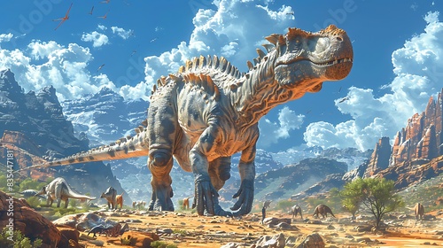 Miragaia standing tall in a rocky desert with a clear blue sky above and other dinosaurs nearby