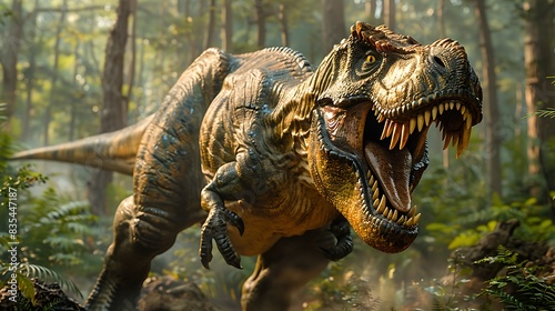 male Tyrannosaurus rex roaring fiercely in a prehistoric jungle with other dinosaurs © HaiderShah
