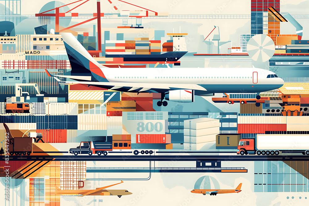 Fototapeta premium Cargo transportation by airplane, truck, and ship, symbolizing global logistics