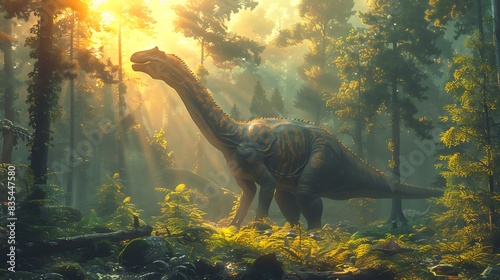 Muttaburrasaurus feeding on plants in a dense forest with sunlight streaming through the trees and other dinosaurs nearby © HaiderShah