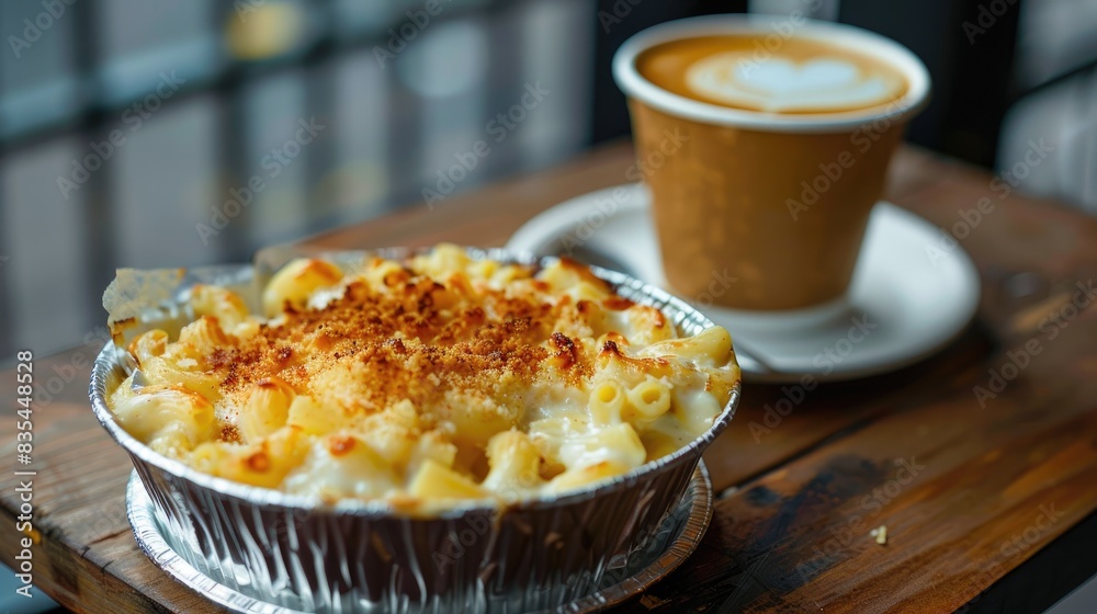 Baked macaroni in foil dish pairs perfectly with a cup of coffee Baked macaroni in foil dish pairs perfectly with a cup of coffee