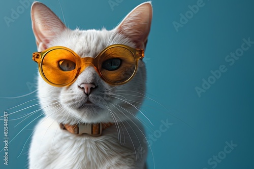White cat in retro-style yellow glasses on a light blue background. International Cat Day