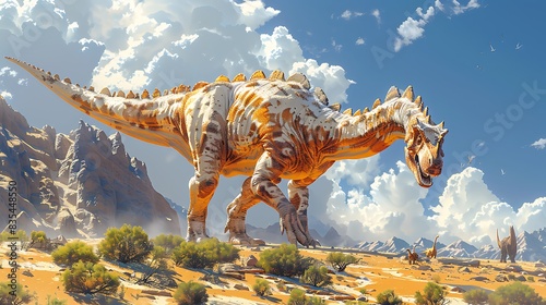 Nigersaurus roaming a dry desertlike landscape with sand dunes and sparse vegetation and other dinosaurs nearby