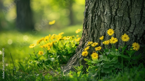 Perennial yellow blossom alongside a tree
