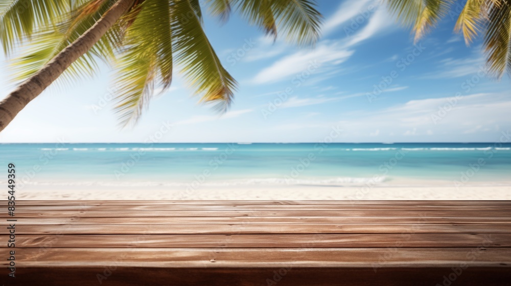 Tropical beach with palm trees, wooden deck, and clear blue ocean under a sunny sky Tropical beach with palm trees, wooden deck, and clear blue ocean under a sunny sky