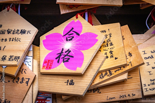 Kitaguchi Hongu Fuji Sengen Shrine, ema, wish, wooden table, ribbon, moss, mount fuji, shinto shrine, forest shrine, fujisan, japan photo