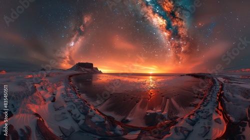 panoramic photograph of the Milky Way over the Arctic Circle on Earth with the Northern Lights dancing across the sky photo