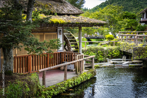 traditional house, traditional village, oshino hakkai, japan, mt. fuji, japanese garden, mill, water, pond photo