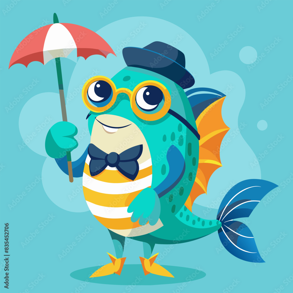Fototapeta premium A funny illustration of a fish wearing glasses and holding an umbrella that brings joy and laughter to your day. 