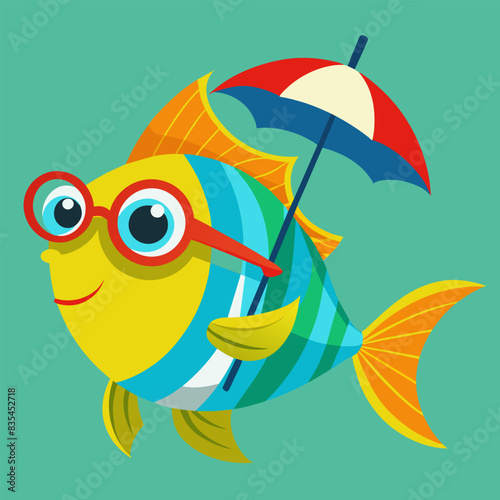 An unusual and captivating vector illustration of a fish wearing glasses and holding an umbrella that sparks the imagination.