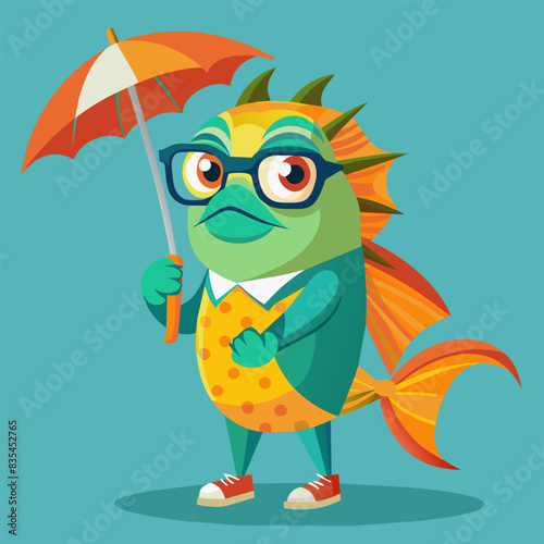 Amazing vector illustration: a fish with glasses and an umbrella, symbolizing fun and unpredictability.