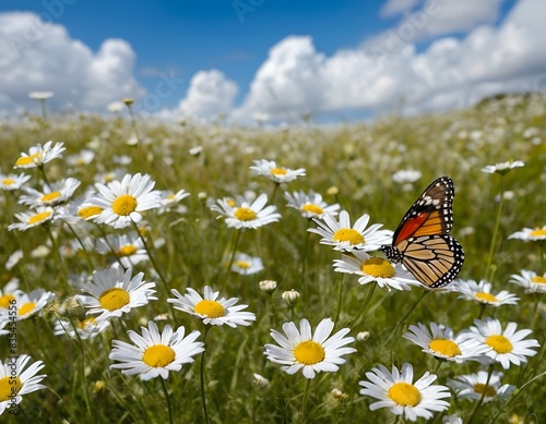 Butterfly on Daisy in Sunny Meadow - Nature Scene