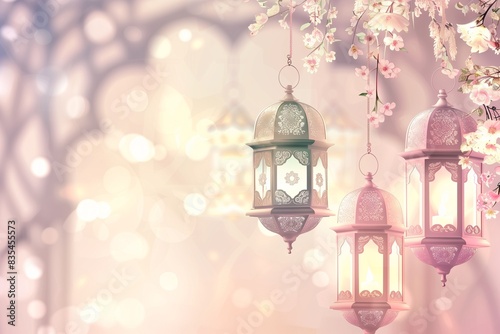 Chic Ramadan Mubarak background adorned with stylish Islamic lanterns in soft pastel tones.