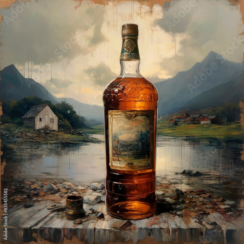 ilustração em tinta de uma garrafa de whisky em cenário florestal  photo