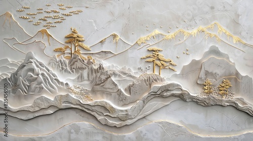 Volumetric stucco molding on a concrete wall with golden elements, Japanese landscape, waterfall, mountains, sakura. photo