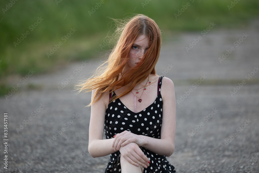 Naklejka premium Portrait of a red-haired girl with freckles on her face