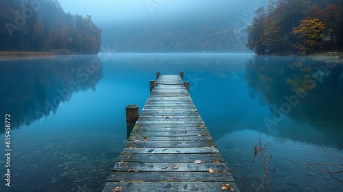 Here is a copy space image that captures a serene lake surrounded by a peaceful walkway photo