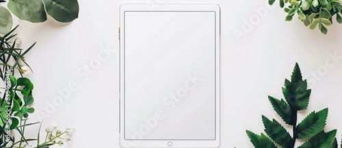 Using a modern e book reader on a white background, a flat lay composition is created with plenty of room for additional text photo