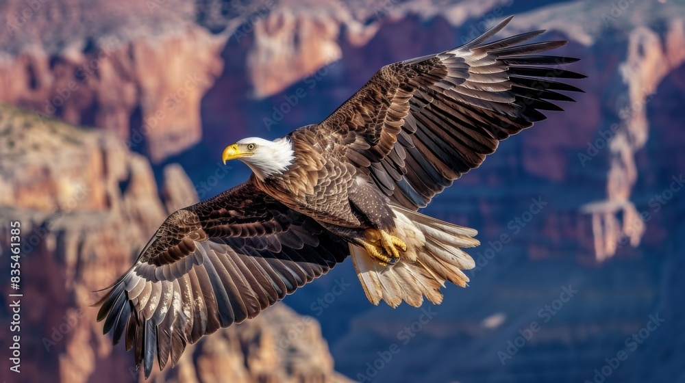 A bald eagle flying in sky in wild in Grand Canyon. A bald eagle flying in sky in wild in Grand Canyon.