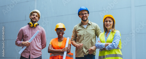 Photography Confident group of diverse construction professionals stands with safety gear, including hard hats and high visibility vests, clutching blueprints, and looking eager to start their project